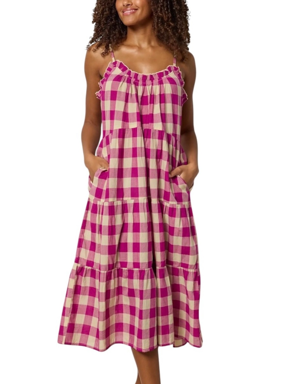 Natural Life Harley Fuchsia Cream Gingham Cotton Tiered Midi Dress XS NWT